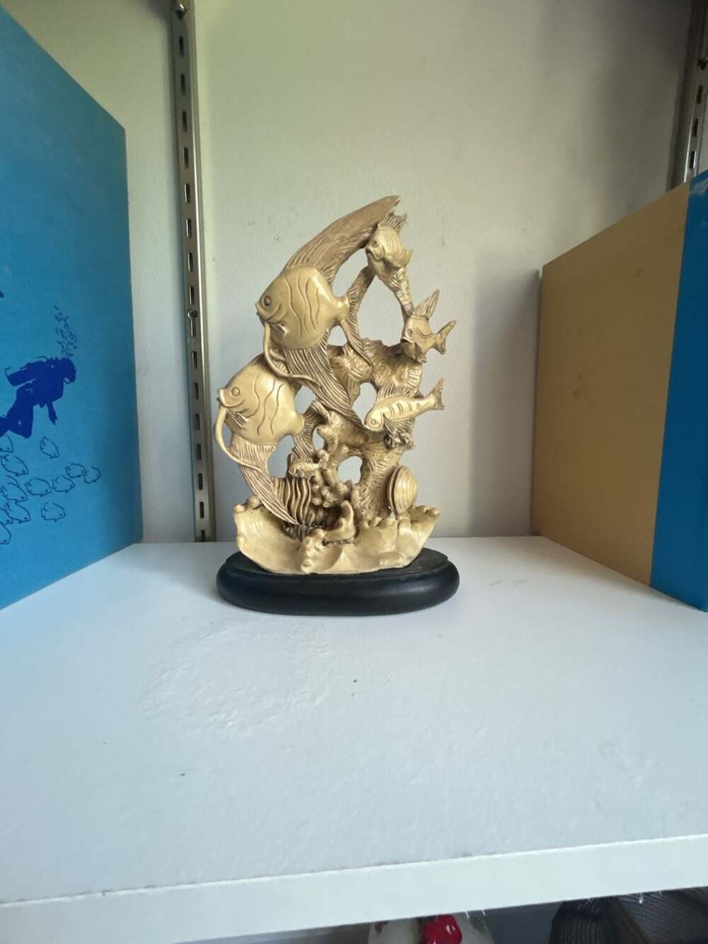 Carved Resin Tropical Fish and Coral Reef Figurine on Wood Base